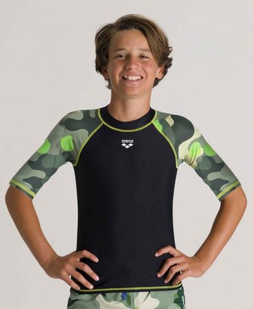 Beachwear | Boys Arena Short Sleeves Allover Rash Vest BLACK-WOOD GREEN